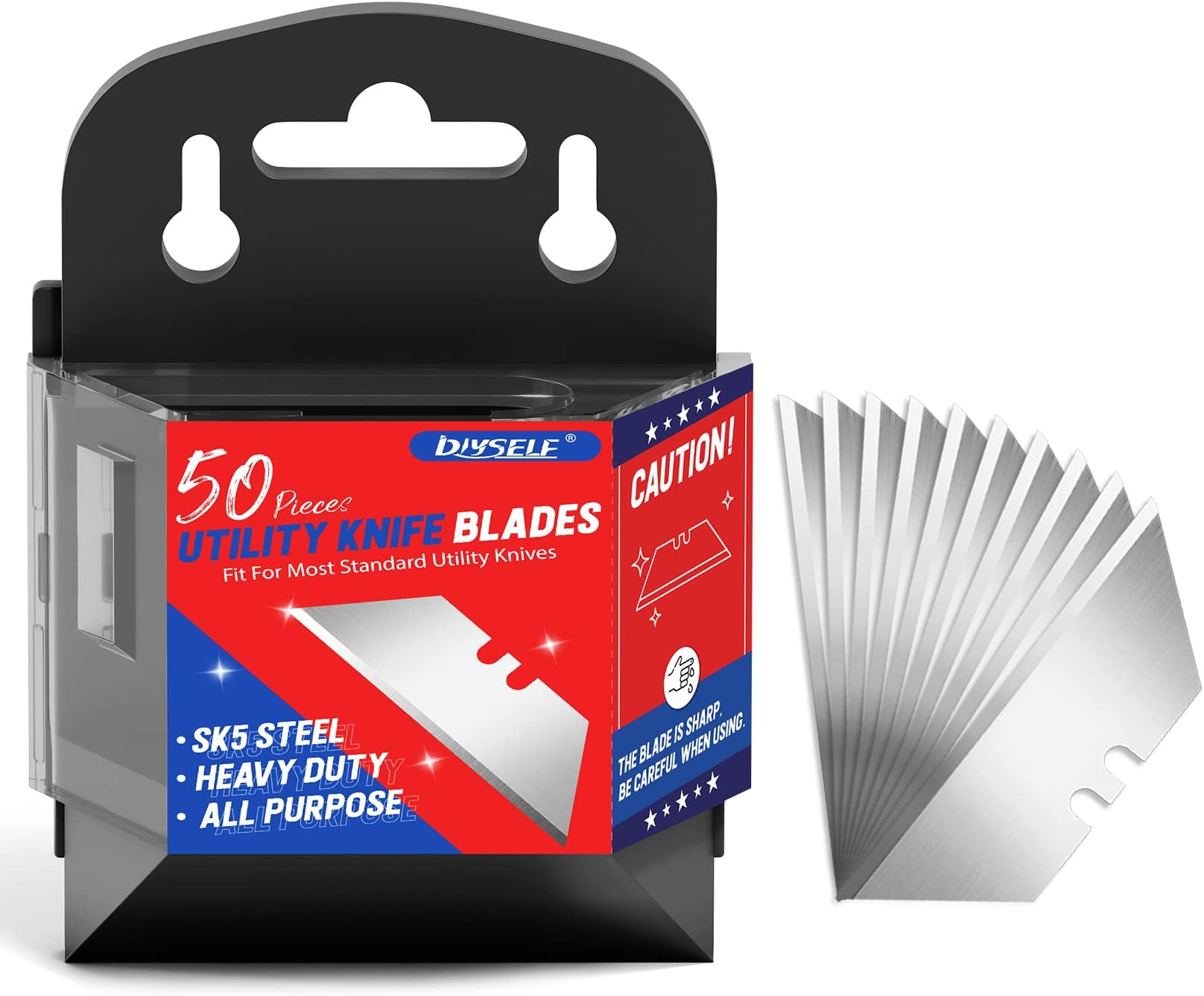 DIYSELF 50 Pack Utility Knife Blades, SK5 Steel Box Cutter Blades with Dispenser, Standard Blades for Box Cutter Utility Knife Replacement, Sharper Utility Blade, Refills