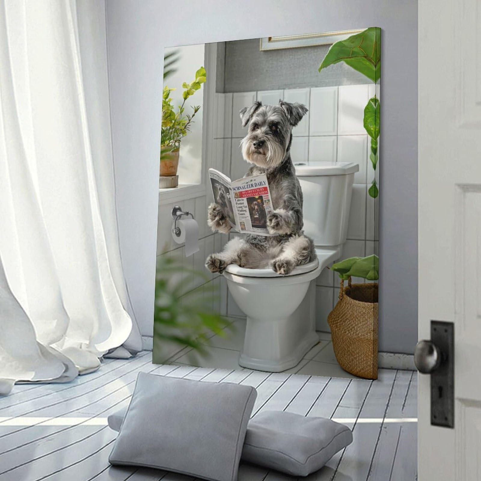 Junmoney Frame-Style-21 Schnauzer Dog Reading On Toilet Hanging Wall Art, 12X18inch(30X45cm), For Bedroom Decor, Cosy Corners Or Studios, An Easy Wall Refresh For Bedrooms