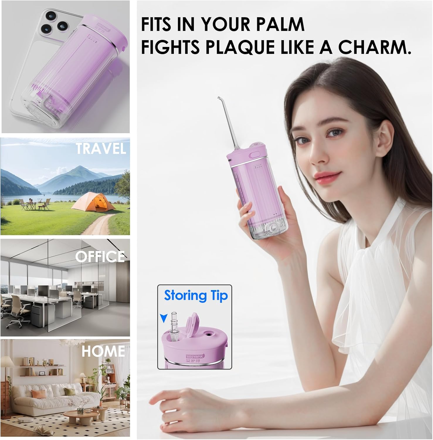 Portable Water Flosser​ Cordless​ for Travel-Rechargeable Power Dental Flossers​ for Braces＆Stonsil Stones-Mini Tooth Cleaner with UVC Sterilization,IPX7 Waterproof (D0040-Pink)