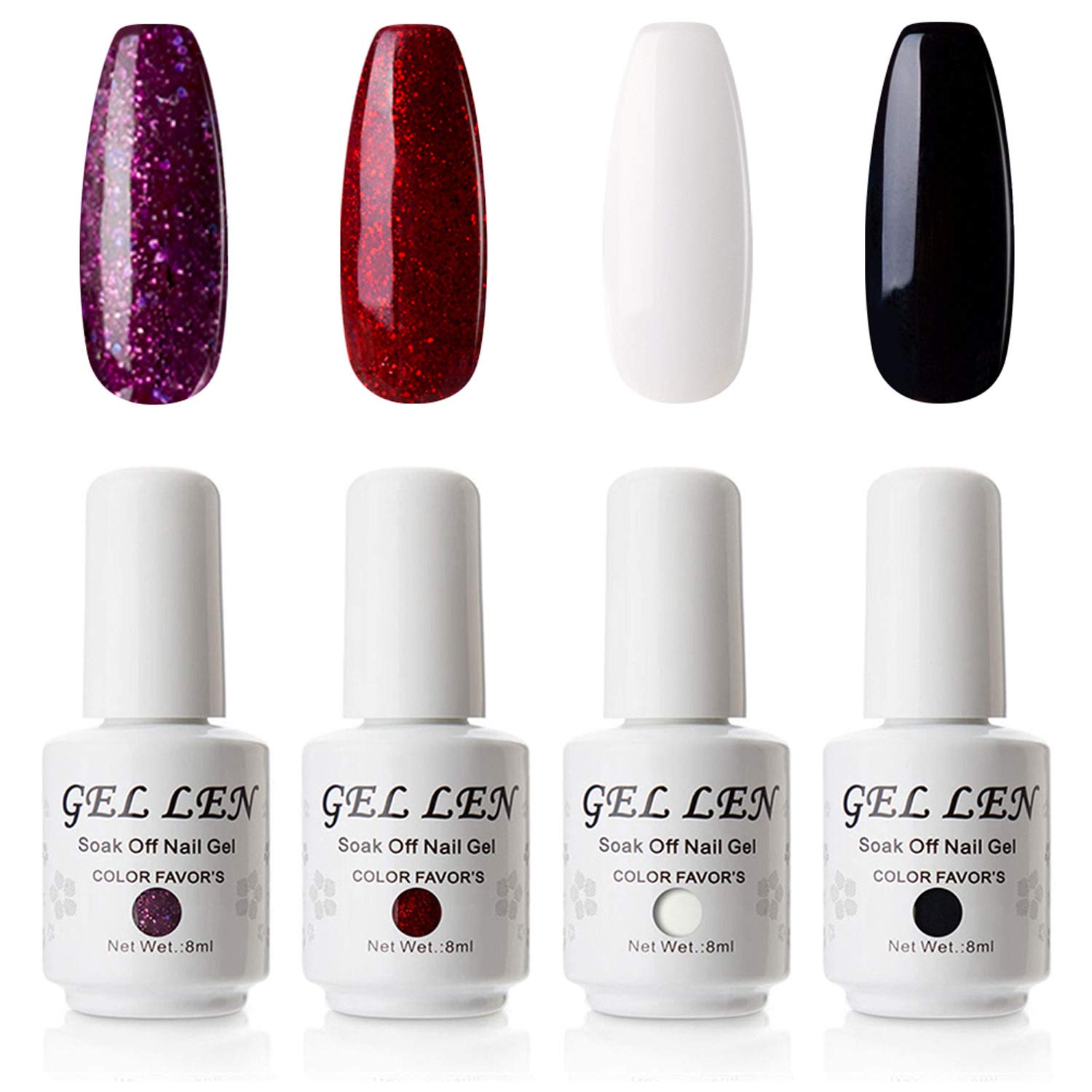 Gellen Gel Polish 4 Colors Set - Classic Black Pure White Sparkle Purple Flame Red, Nail Gel Manicure Set, Simple and Gorgeous Series
