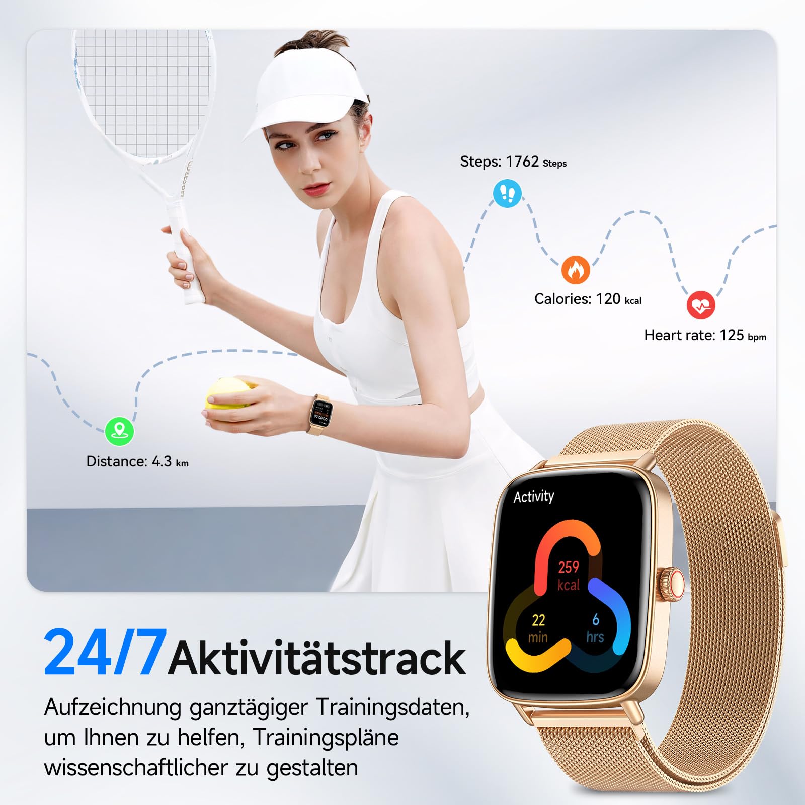 Smartwatch Damen mit Telefonfunktion 1.85" HD Herzfrequenz Schlafmonitor SpO2 Schrittzähler 110+ Sportmodi Fitnessuhr IP68 Wasserdicht Kompatibel iOS Samsung Android