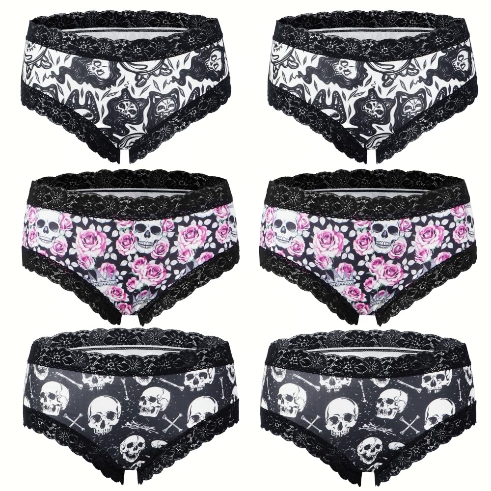 6-Pack Gothic & Cute Cheeky Panties for Women - Skull Lace Underwear Set: Small Multicolor