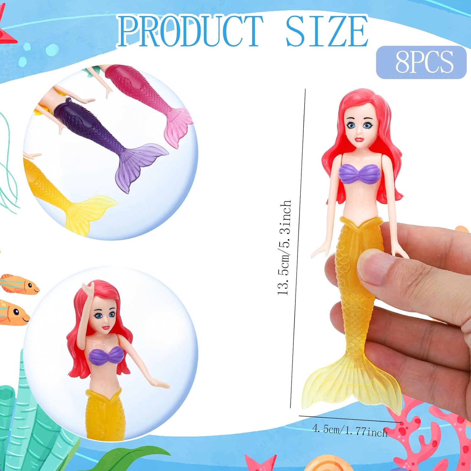 ONEST 8 Pieces Mermaid Dive Toys, Mermaid Bath Toys Dive Mermaids Underwater Diving Pool Toy Swimming Pool Games Colorful Bath Toy Summer Water Figurines Gift