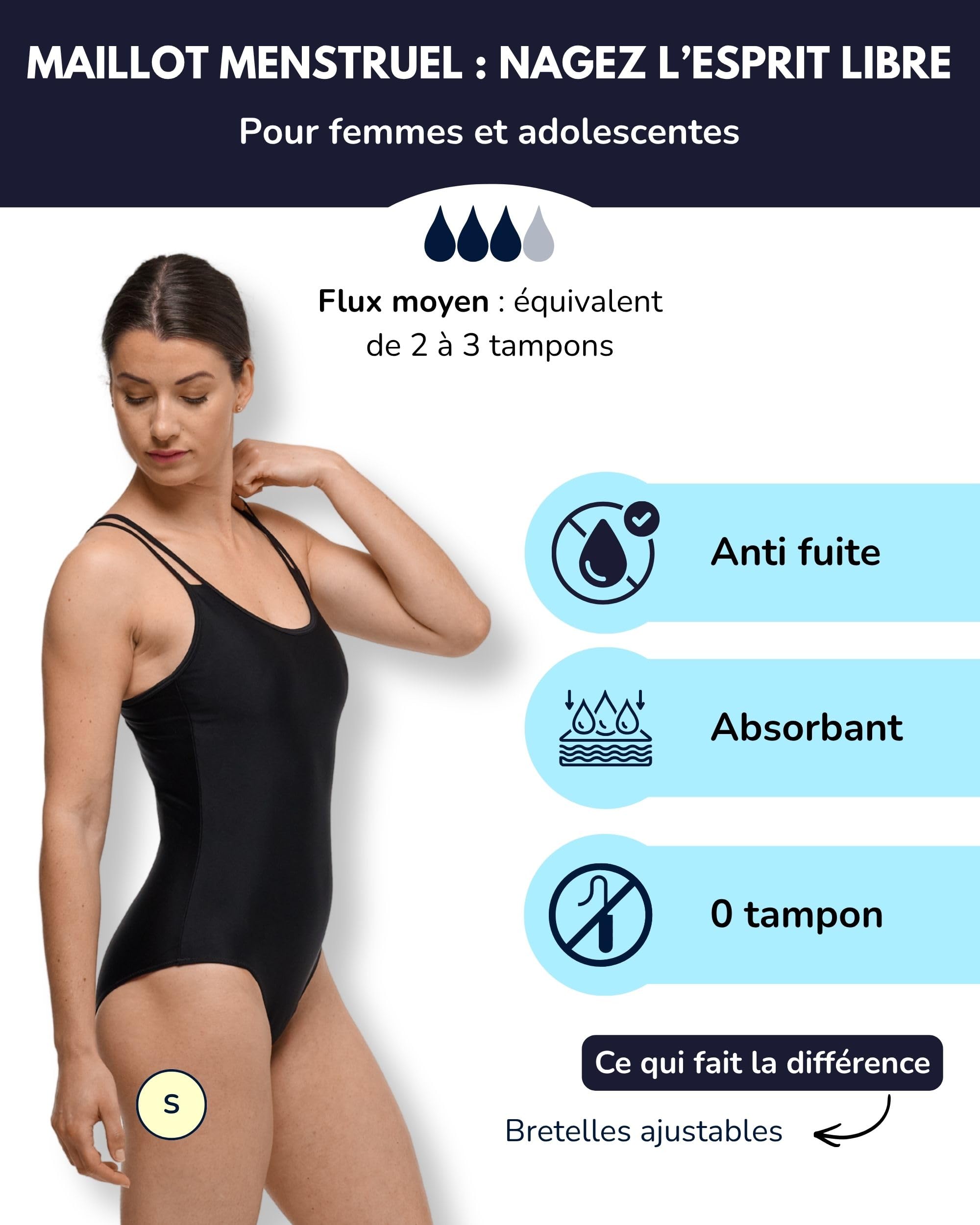 SORIO® Maillot de Bain Menstruel 1 pièce - Femme et Adolescente - Bretelles Ajustables - Maillot de Bain spécial règle - Absorbant Confortable et Discret - Flux léger à modéré - Stella