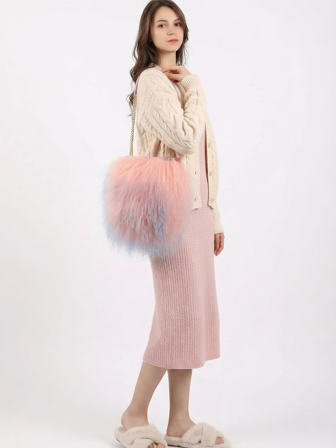 Furry Crossbody Bag Real Curly Mongolian Fur Purse Flush Fur Clutch Shoulder Bag - Image 2