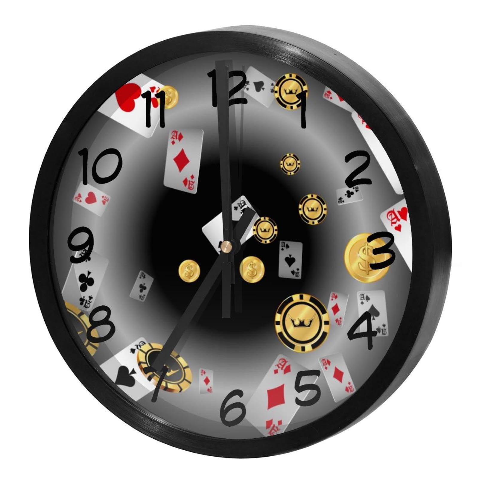 Horloge murale silencieuse à quartz motif jetons de poker pour salon et bureau