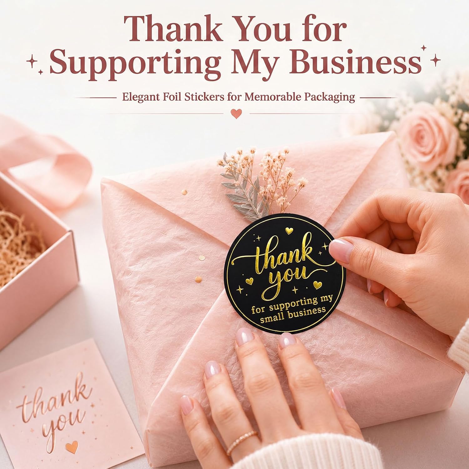 100PCS Thank You for Supporting My Small Business Stickers, Black Gold Foil Labels for Boutique Packaging, Bakery Boxes, Dessert Treat Bags, Shipping Mailers, Handmade Sellers & Small Shops.1.6 inch