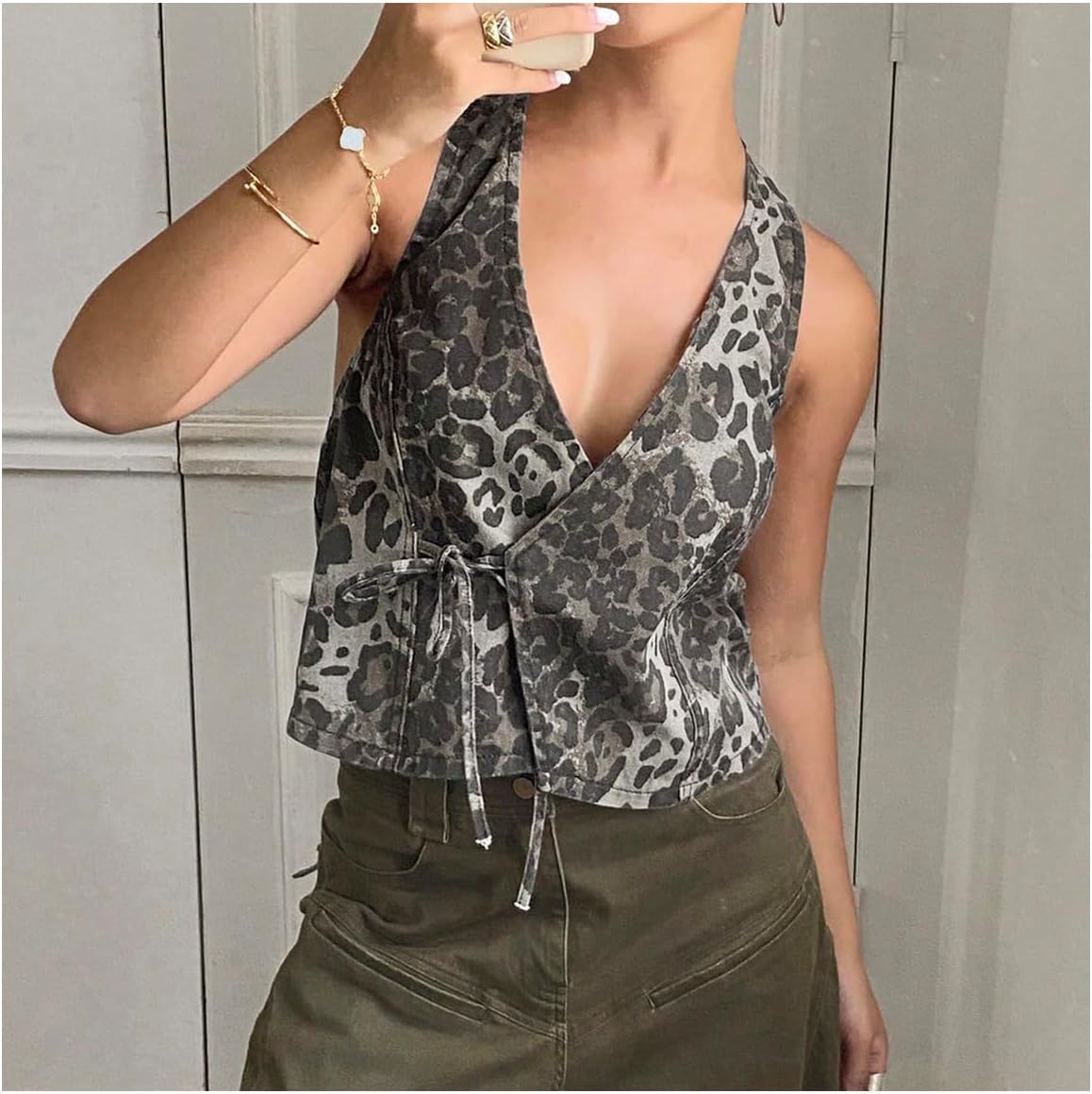 WDIRARA Women's Leopard Halter Denim Vest V Neck Wrap Tie Front Sleeveless Backless Tank Crop Tops - Image 3