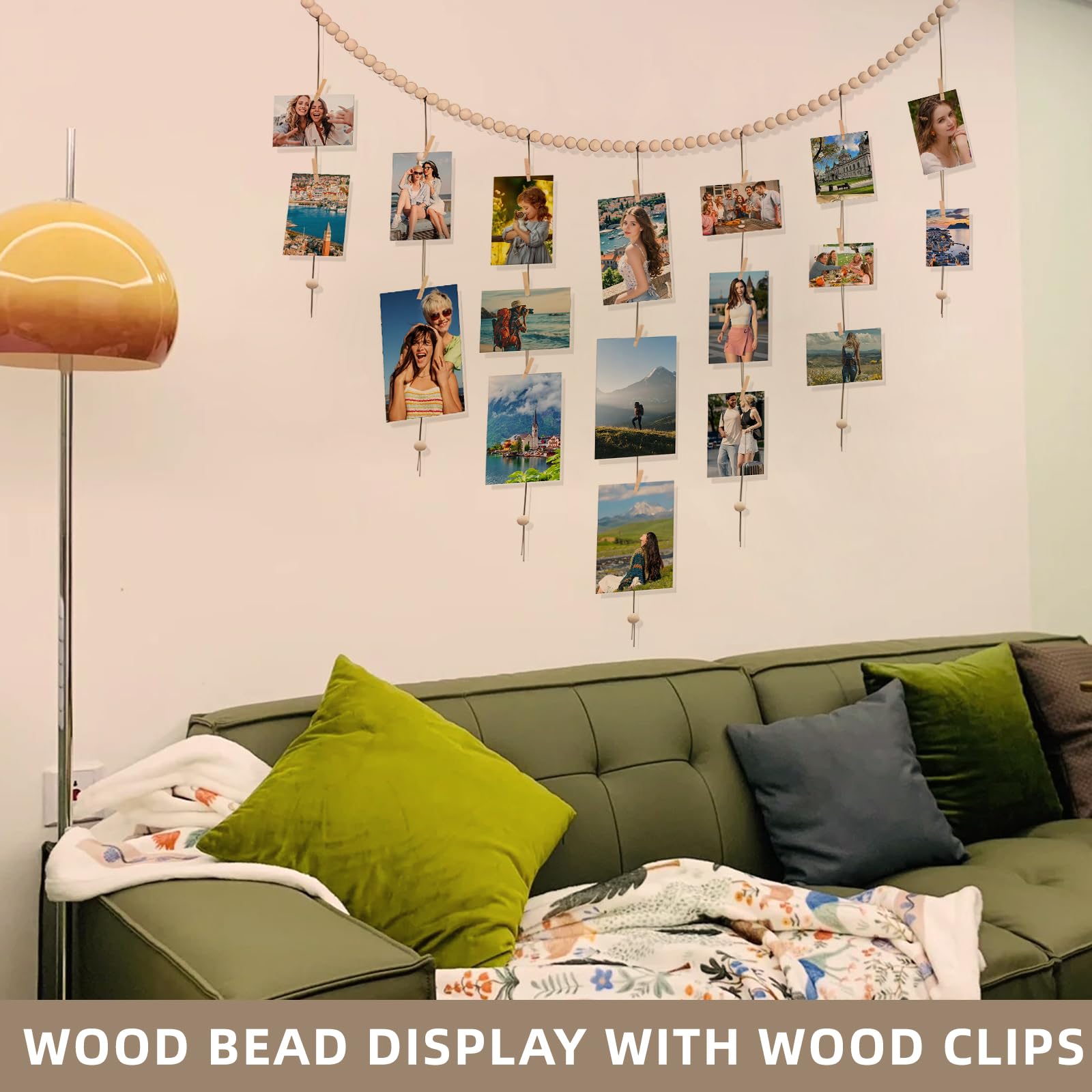 Hanging Photo Display with Clips, Boho Wood Bead Garland Picture Holder for Wall, Unique Photo Hanger with 30 Clips Perfect for Teenage Girl Room Decor, Art Display for Kids Artwork, Office Cubicle Decor