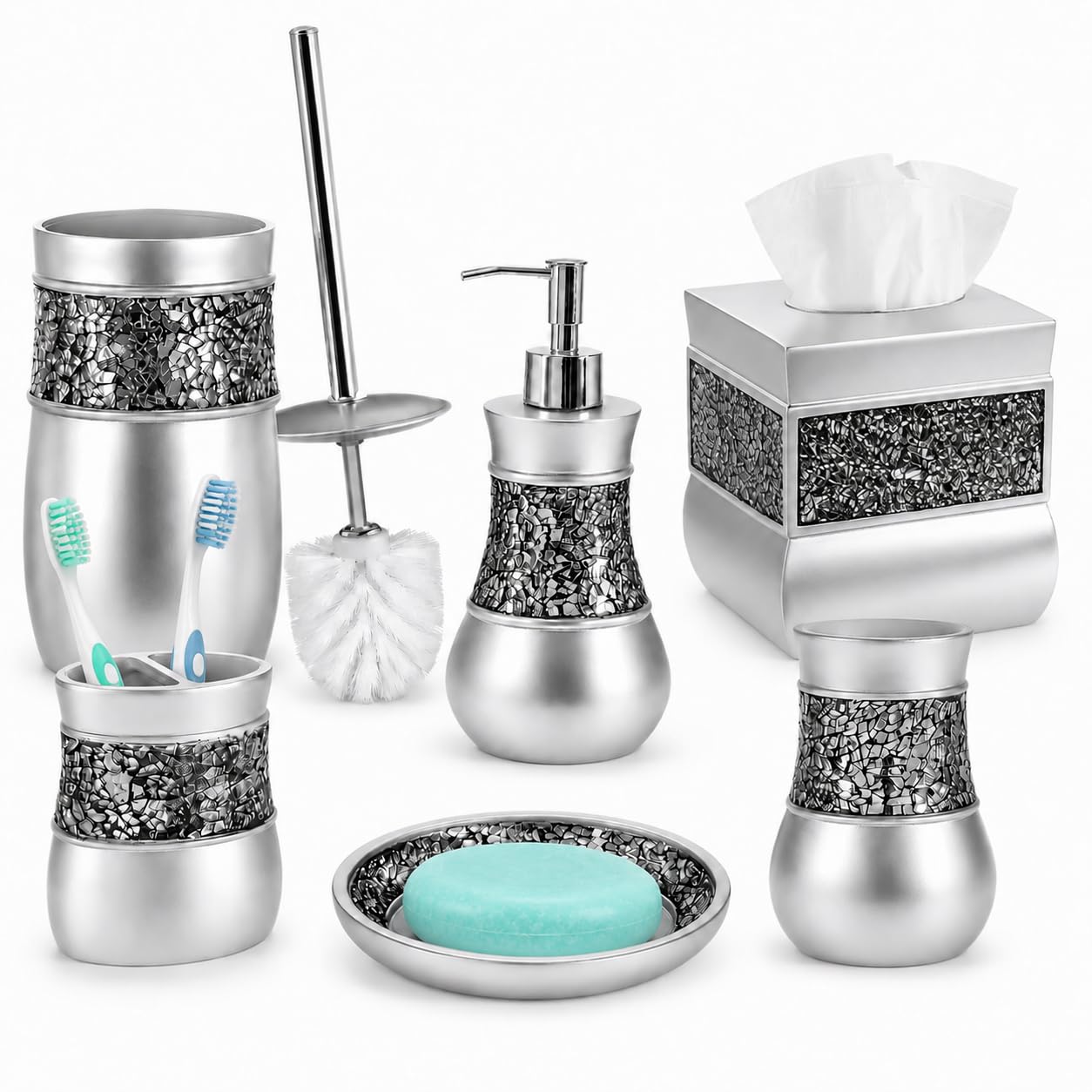 Creative Scents Crackled Glass 6 Pc. Silver Resin Bathroom Accessories Set