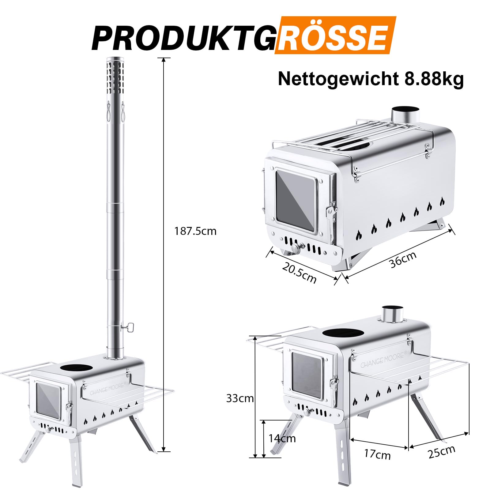 CHANGEMOORE Zeltofen Tragbarer Campingofen Holzofen Edelstahl mit Ofenrohr | Sekundärverbrennungstechnik, 1.5mm Edelstahl, für Zelt/Garten/Outdoor, mit Ofenrohr & Schutzhülle
