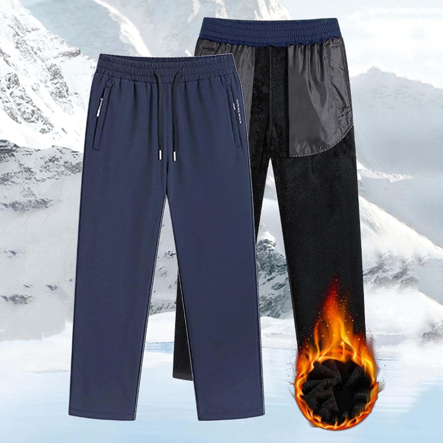 Men's Fce Lined Pants, Winter Warm Workout Athletic Sweatpants Casual Water Resistant Trousers with Zipper Pockets