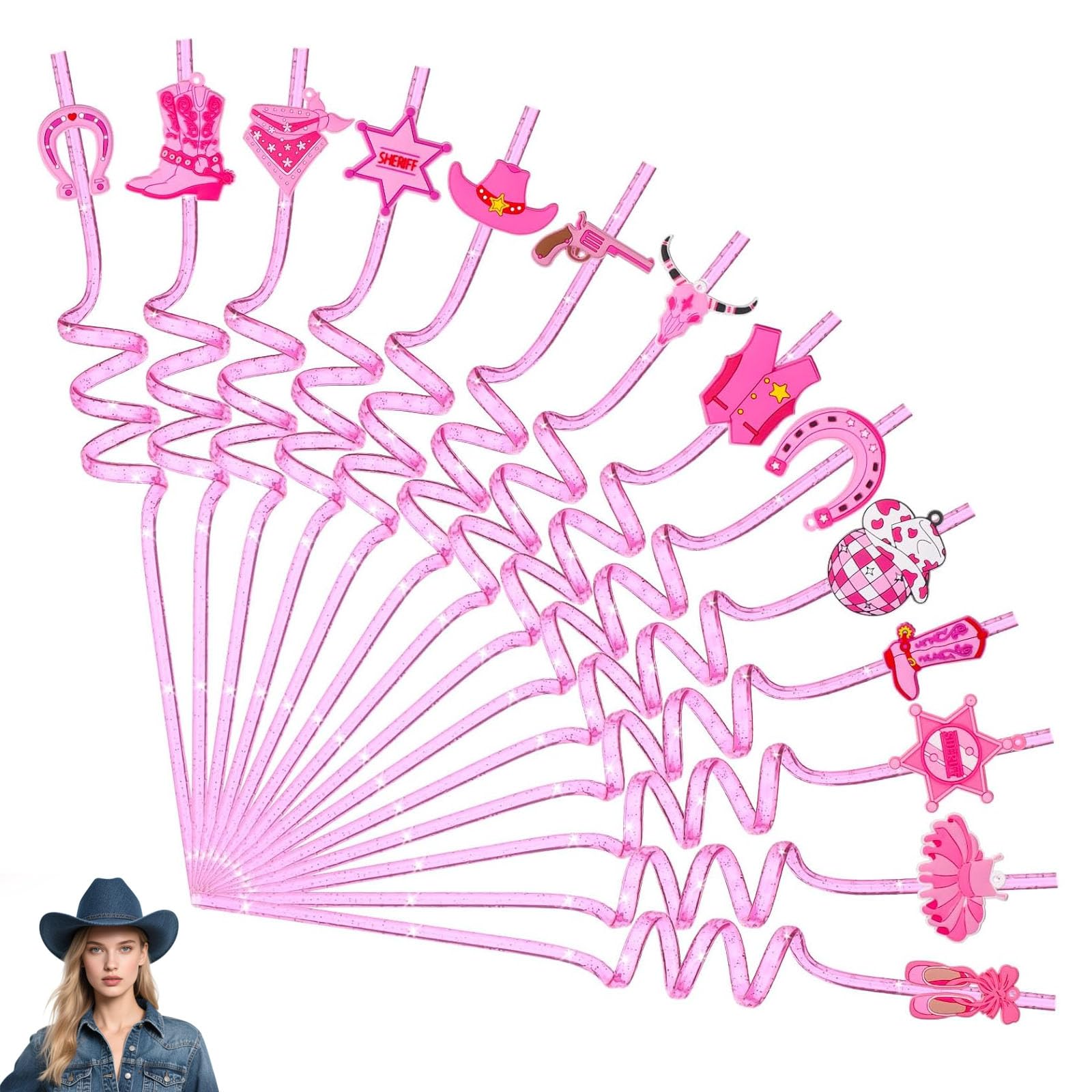 Gipnva Pink Cowgirl Reusable Drinking Straws 14 PCS, Cocktail Straws for Western Cowboy Birthday Party Family Reunion Pool Decorations, Curly Straws with Fun Adjustable Pattern