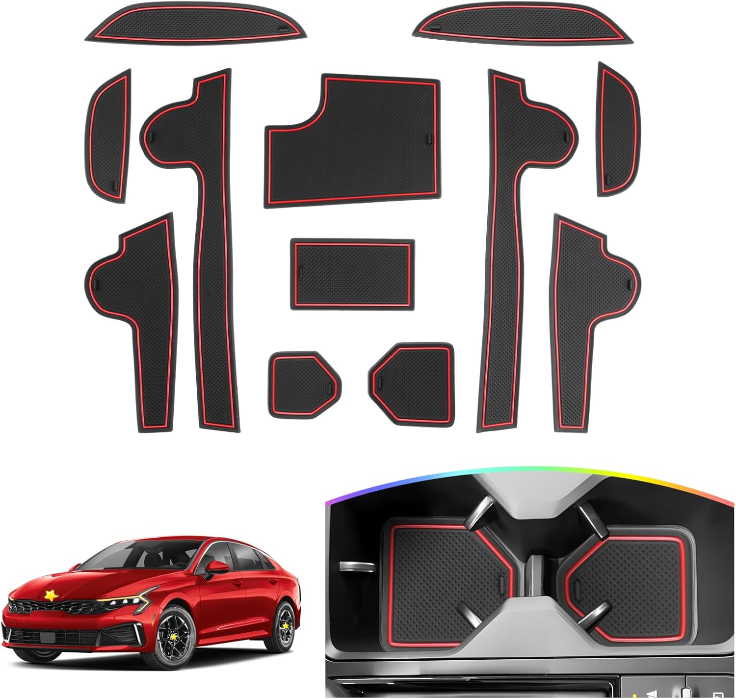 SKTU Door Slot Mat for 2025 2026 Kia K5 Accessories Door Groove Gate Pad 12Pcs Red Fit for 2025+ Kia K5 (LXS/GT-Line/GT/EX) Door Compartment Cup Center Console Liners 2025 2026 K5 Floor Liners (Red)