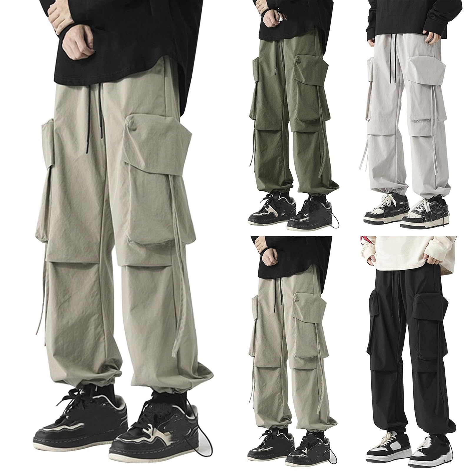 Generisch Pantalones cargo para hombre: pantalones de trabajo con cordón para exteriores con puños, pantalones de ocio, ropa urbana, pantalones de paracaídas, ligeros, pantalones funcionales