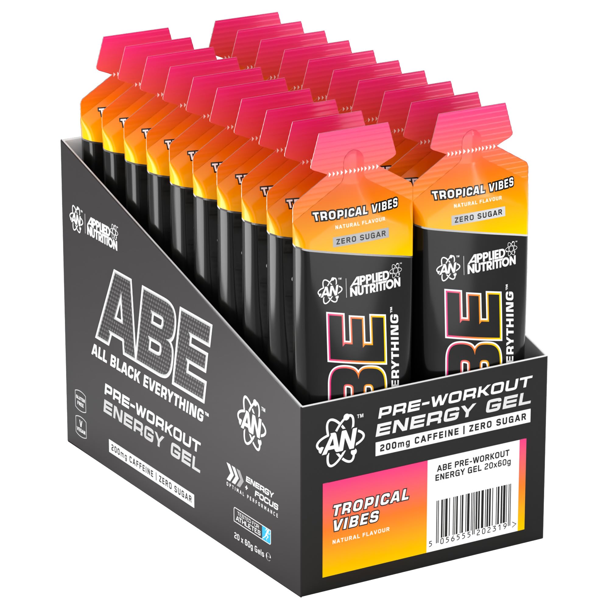 Applied Nutrition ABE Pre Workout Gel – All Black Everything Pre Workout Gel, energia i wydajność fizyczna z cytruliną, kreatyną, beta alaniną (20 x 60 ml żele) (Tropical Vibes)