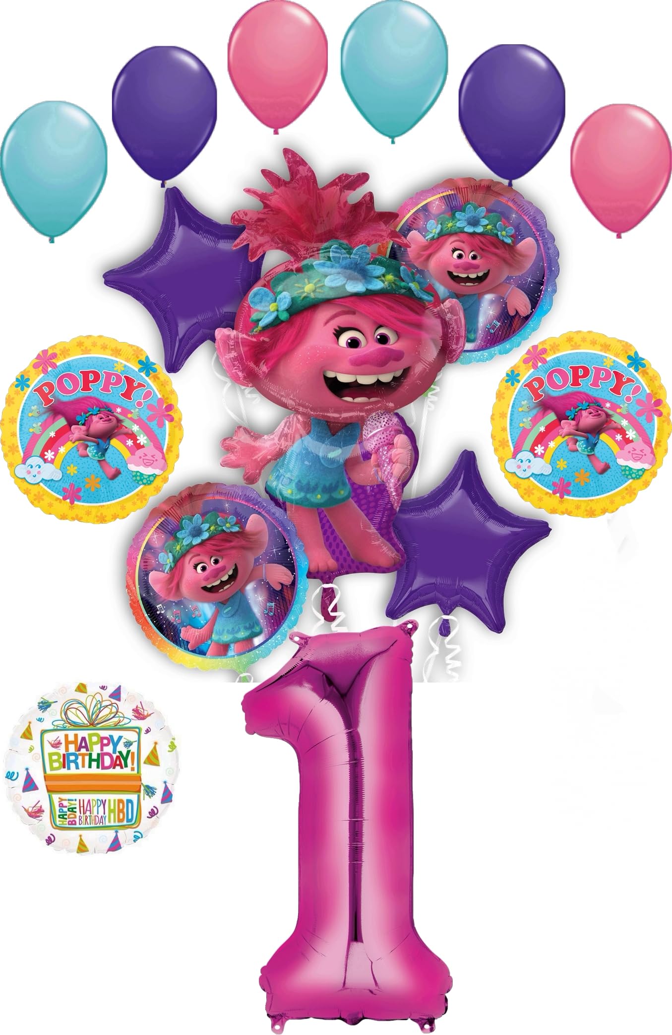 Poppy World Tour 1st Birthday Party Supplies Trolls 15pc Balloon Bouquet Decorations