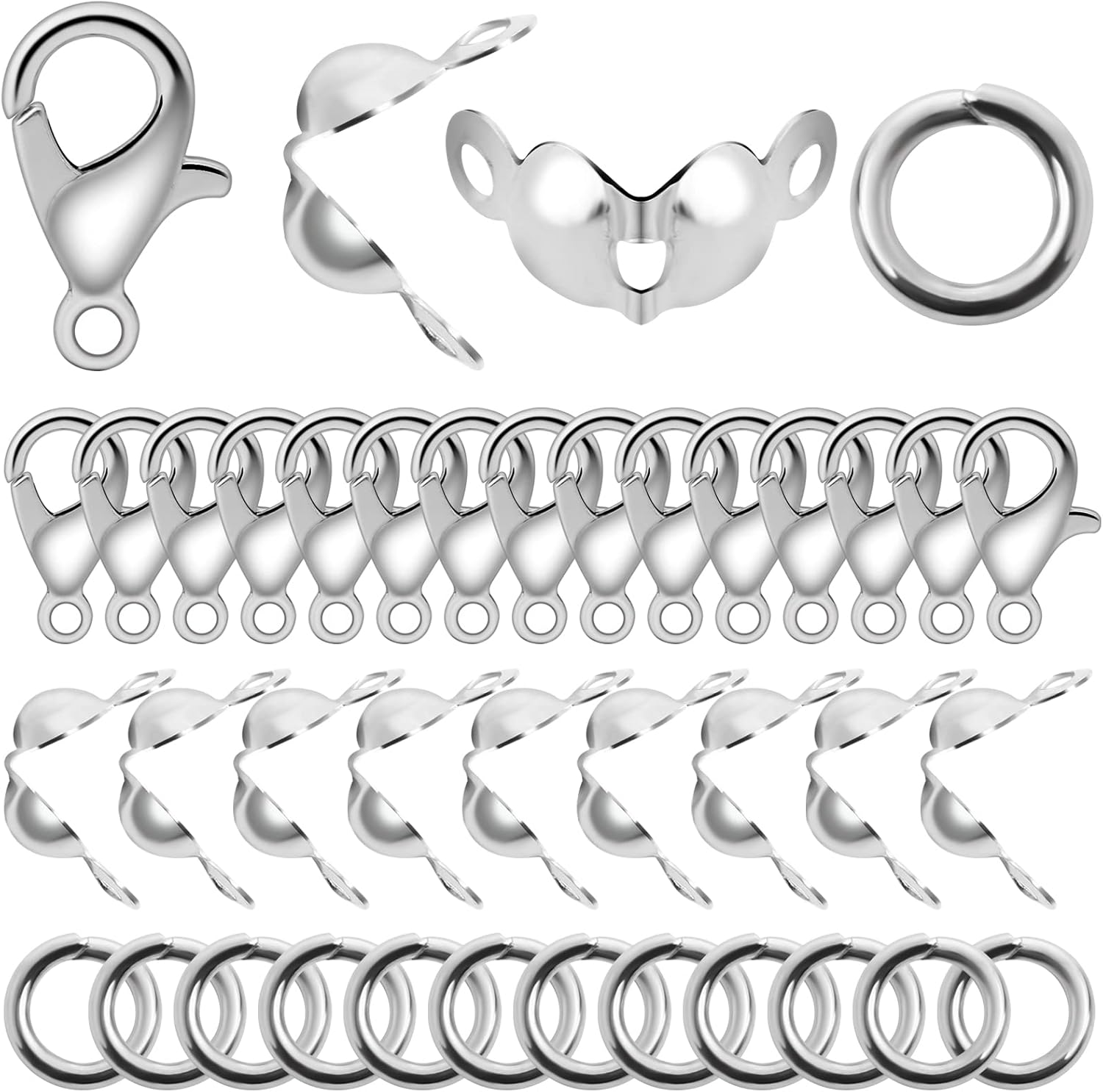 500Pcs Lobster Clasps for Jewelry Making, Silver Bead Caps