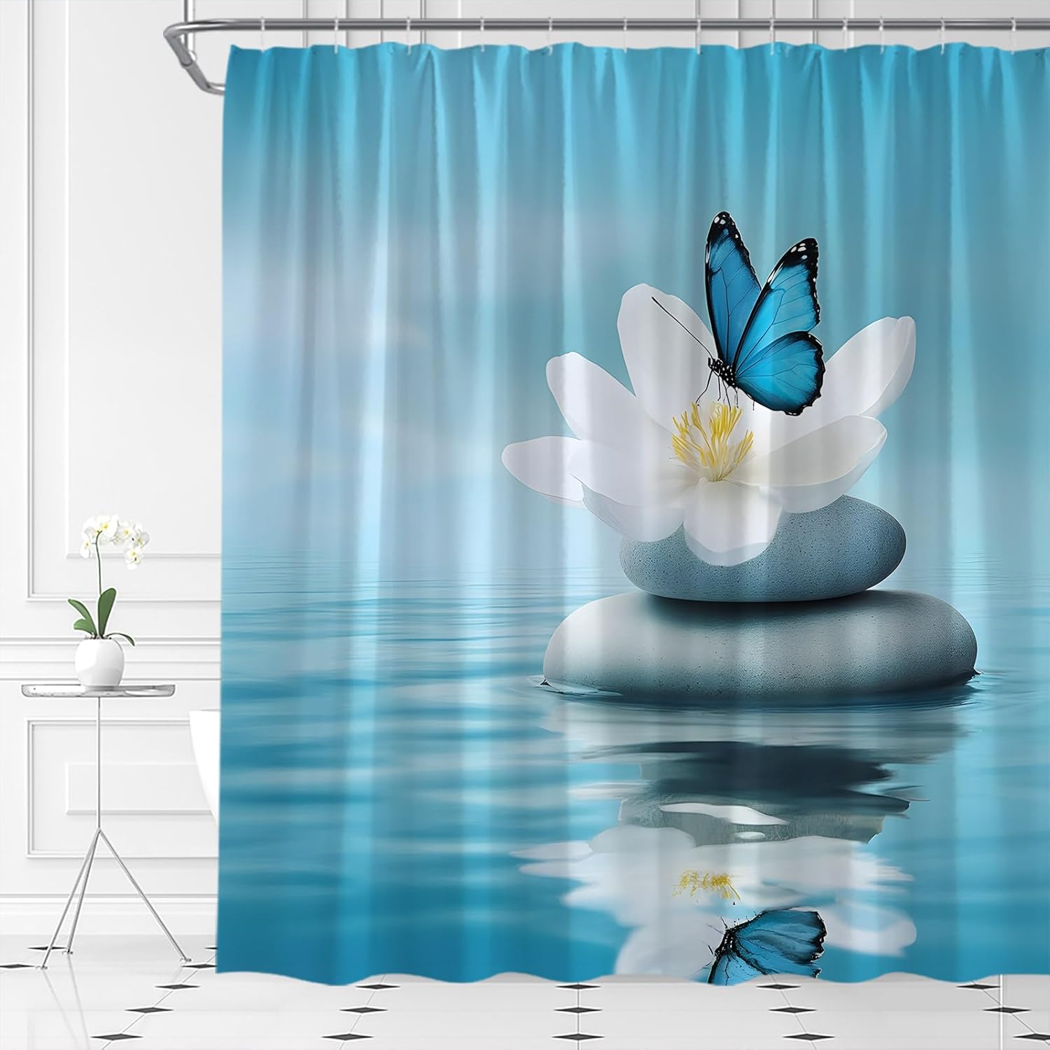 Zen Butterfly Shower Curtain Blue Butterfly Flower Spa Stone Reflection in Water Relax Home Fabric Bathroom Decor Set Include Hooks,(70" Wx74.8 H)