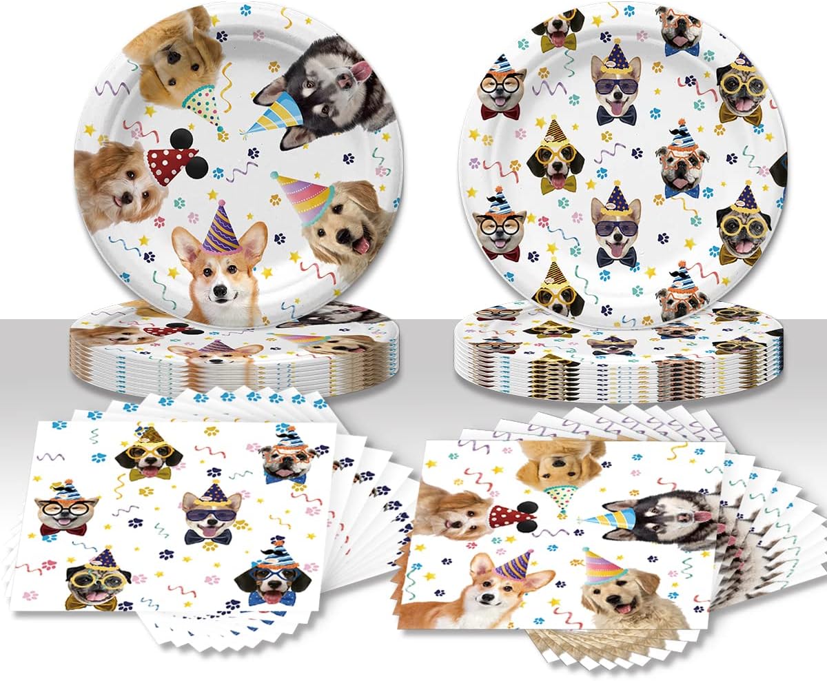 40PCS Dog Birthday Party Supplies Puppy Party Decorations Dog Party Plates and Napkins Disposable Party Tableware Set for Doggy Kids Dog Party Decor,Severs 20