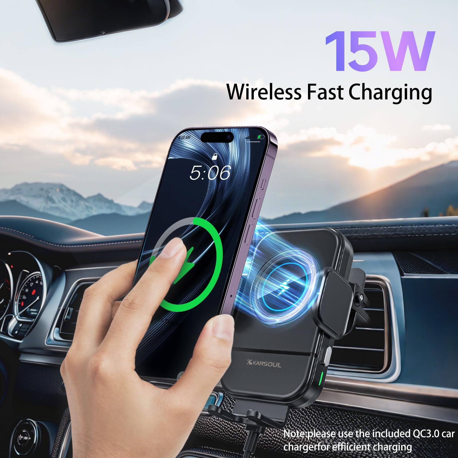 Karsoul Supporto Telefono Auto Caricatore Wireless 15W, Morsetto Automatico con Raffreddamento per Telefono 16/15/14, Galaxy S25/S24,Rotazione A 360° per Bocchetta Aria/Cruscotto/Parabrezza