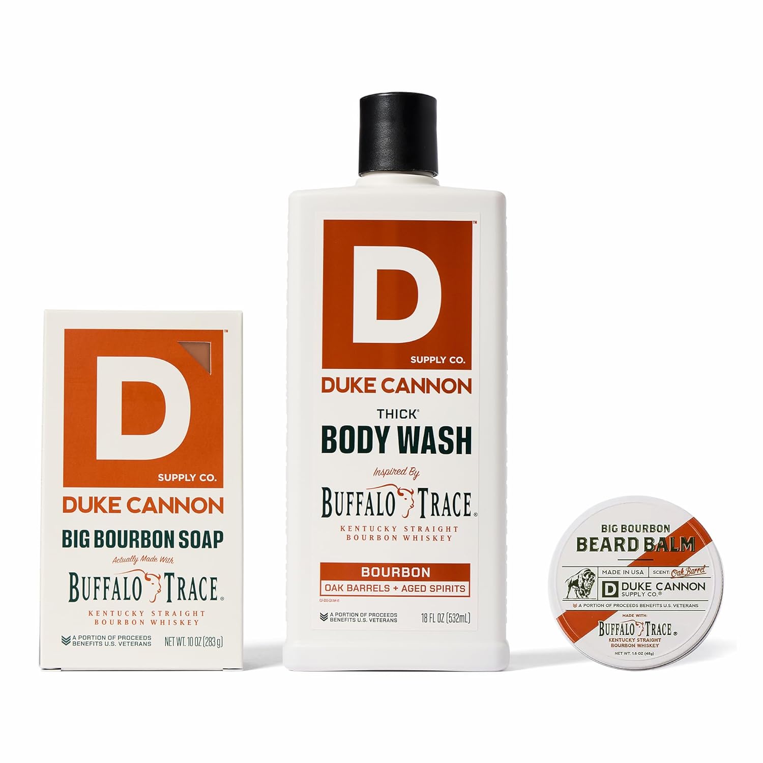 Duke Cannon Bourbon Soap, Body Wash & Beard Balm Bundle – 3 Pack with Buffalo Trace Bourbon, Oak Barrel Scent