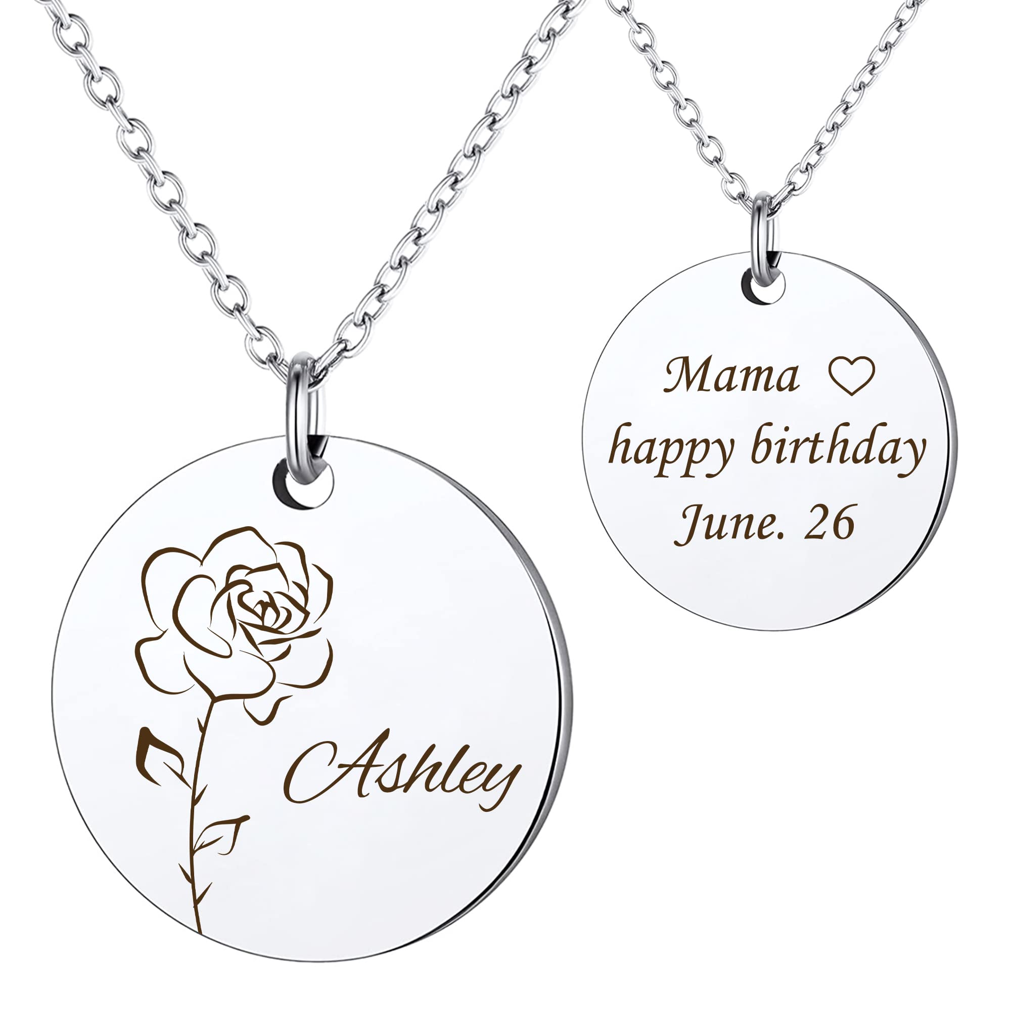 Anavia Birthday Month Flower Name Necklace, 24 Birthmonth Flower Options Personalized Engraved Floral Coin Necklace, Customized Gold Plated Birthday