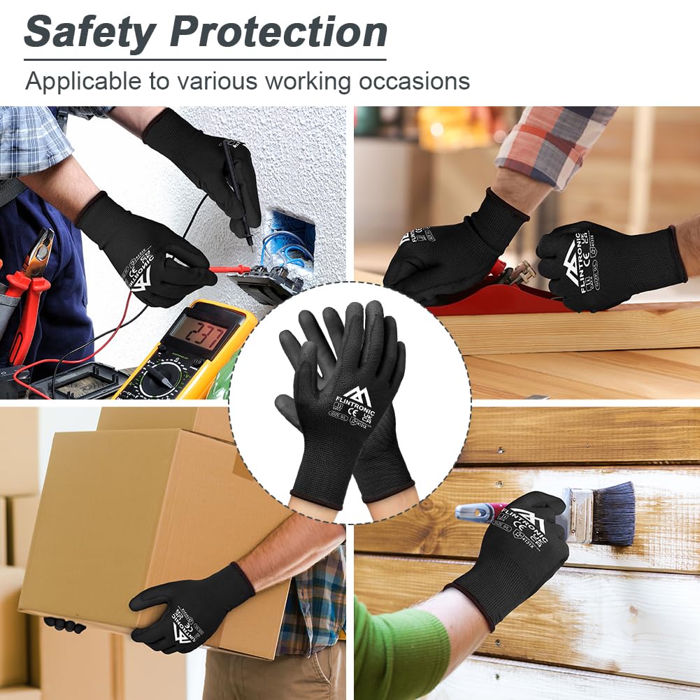 Flintronic Guantes de Trabajo Profesionales, 12 Pares, Recubrimiento de Poliéster PU, Guantes Mecanico Taller, para Jardinería, Construcción, Negro (L-9)