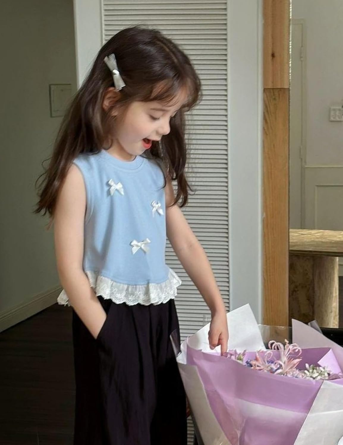 Lace Floral Trim Blue Vest White Hem Tank Top with Bows | Sleeveless Cute Top for Party, Dance, School & Summer Daily Wear