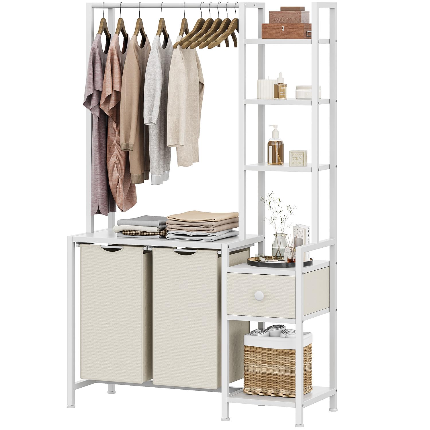 Laundry Hamper with Shelf, 5 Tiers Tall Laundry Basket Sorter with 2 Pull-Out and Removable Bags, Clothes Rack with Laundry Sorter for Laundry Room Bathroom Bedroom, White