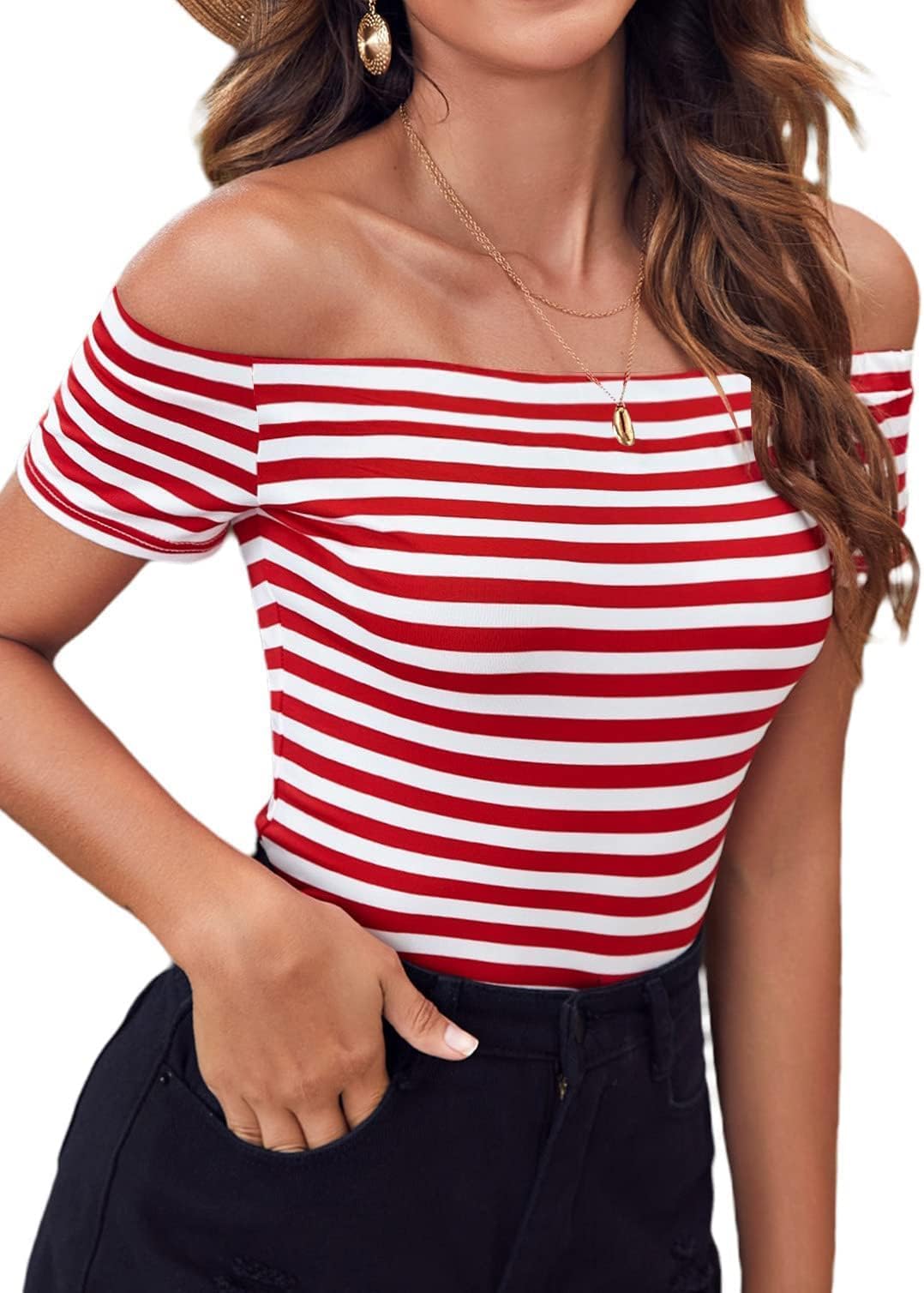 Off The Shoulder Tops for Women Striped Short Sleeve Sexy Going Out Top