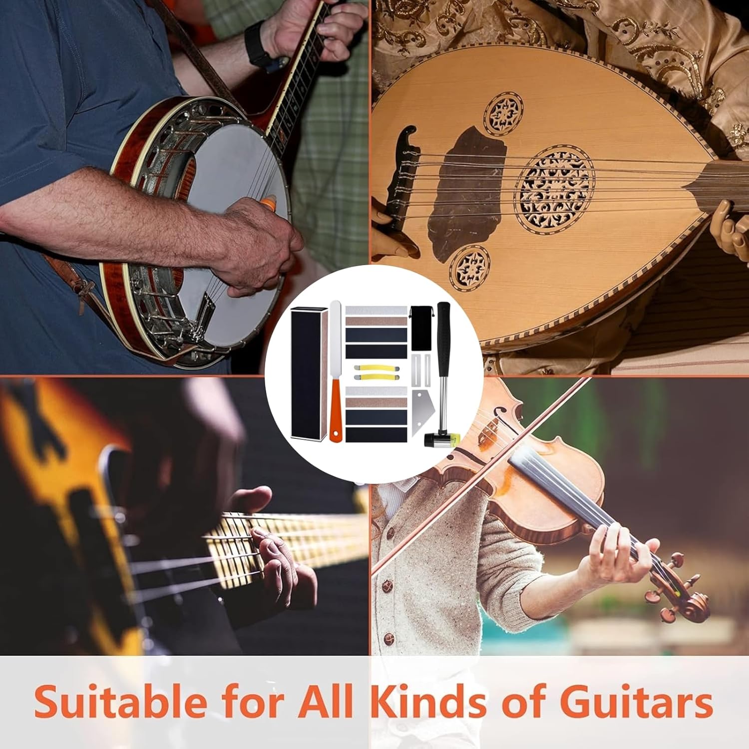 17Pcs Guitar Luthier Tool Set Include Fret Rubber Hammer, Fret Rocker, Fret Crowning File, Fret Leveling Beam, Fingerboard Guards, String Spreaders, Sanding Papers for Guitar Bass