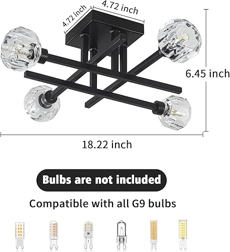 Miniatura 6 de Lámpara de techo de cocina, lámpara de techo de 4 luces para dormitorio con pantalla de cristal, candelabros industriales negros para comedor