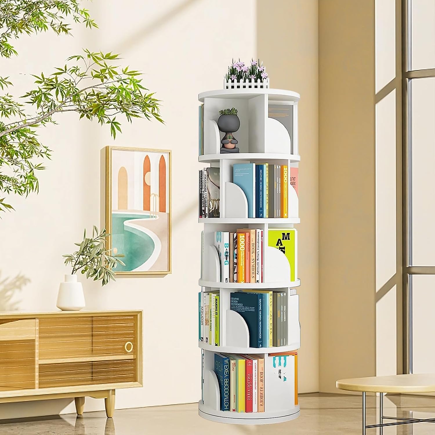 Airsurfer 5-Tier Rotating Bookshelf 360¡ã Display Modern Rotating Bookcase Round Storage Bookshelf Tower For Home Office Living Room
