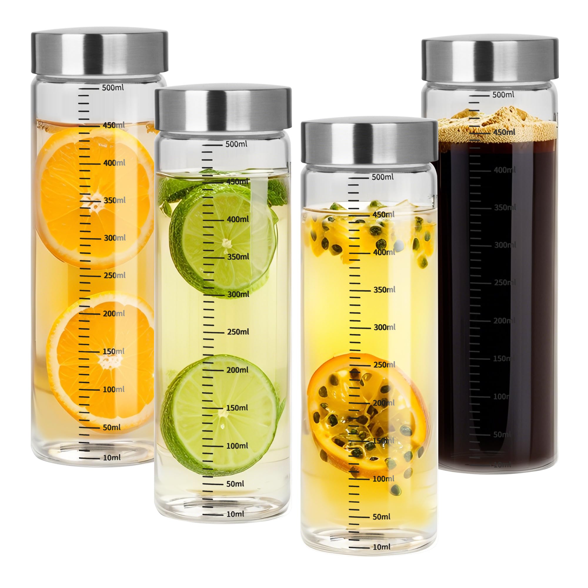 4er Glasflaschen 500ml mit Edelstahl Deckel,Smoothie Gläser Sets mit Messskala,Wiederverwendbar Glaswasserflasche,Smoothie Becher to go für Säfte, Smoothies, Kaffee, Milch, Tee (500ML)