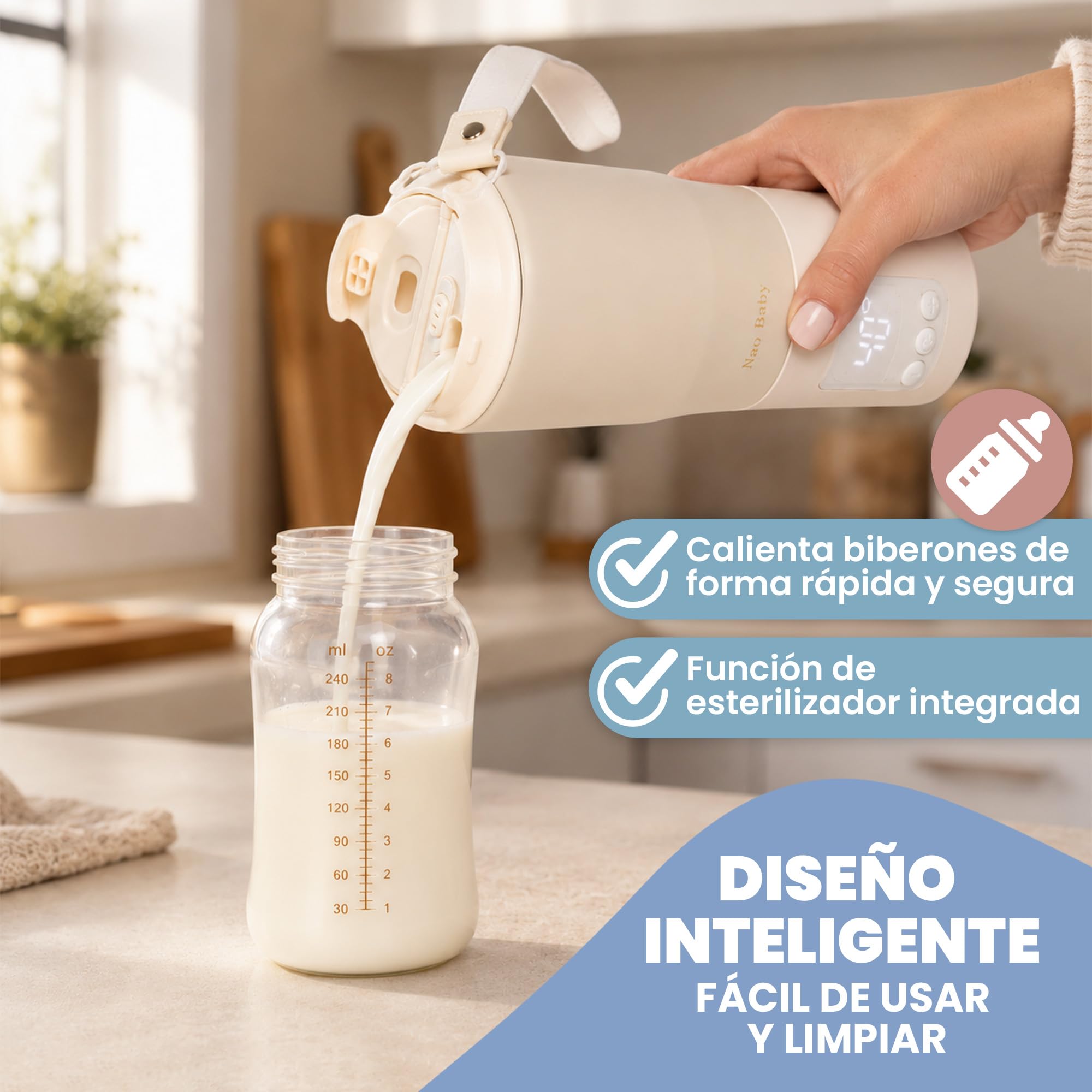 Calienta Biberones Portátil y Esterilizador Biberones 2 en 1 hasta 100ºC, Batería de Larga Duración, Anitderrame y Asa de Viaje | Calentador de Leche Portátil 350ml con Conservación 20h