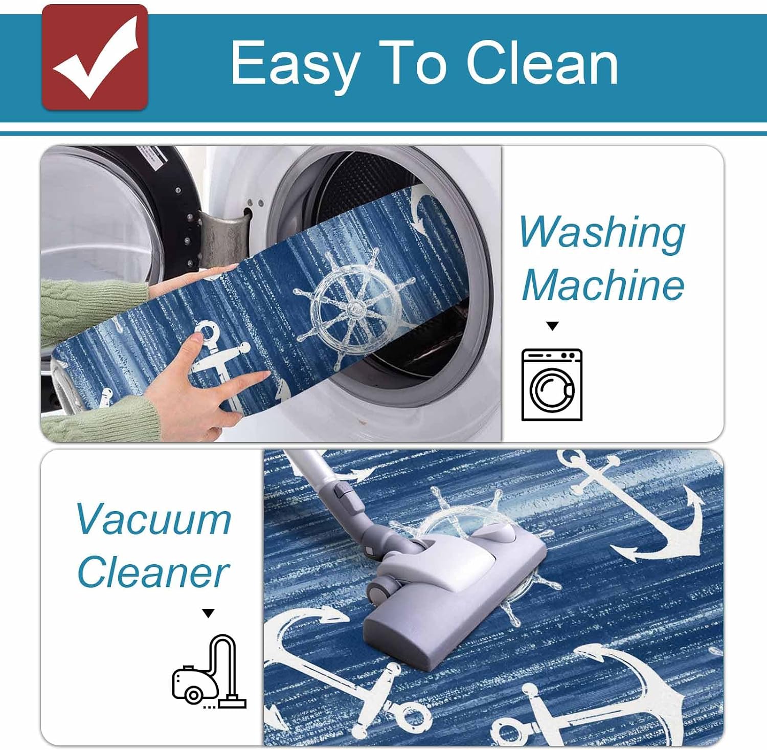 Summer Navy Blue Ocean Kitchen Mat Set 2 Pieces Vintage Nautical Sea Watercolor Anchor Rudder Non Slip Kitchen Rugs Washable Runner Rug Mats for Floor Sink Laundry Office 15.7" x 23.6"+15.7" x 47.2"