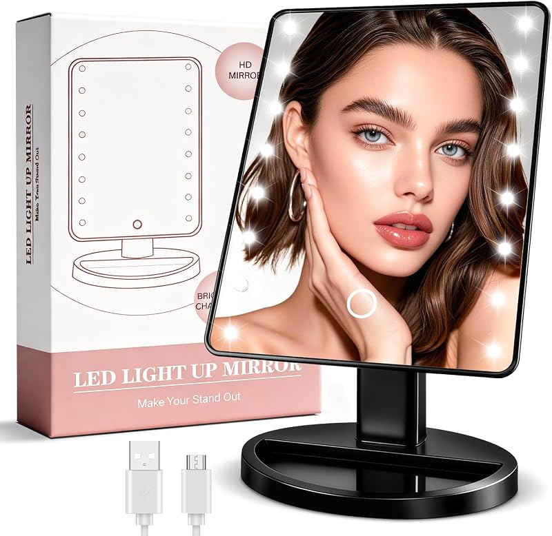 KOOKIN Makeup Mirror with Lights, Touch Stepless Dimming Desk Mirror, Black | Lighted Makeup Mirror, Storage Base, Memory Function, Dual Power, Rotation, for Mon Wife Women, Teen Girl Gifts Trendy Stuff