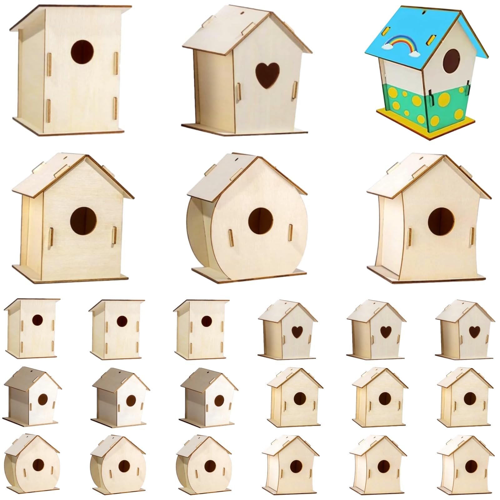 Kosveril 24 Stk. Vogelhaus-Bausätze zum Bemalen, verschiedene Holzformen, vorgestanzte Teile für saisonale Bastelprojekte, kreative Kunstaktivität für Partys, Schulen und Klassenräume