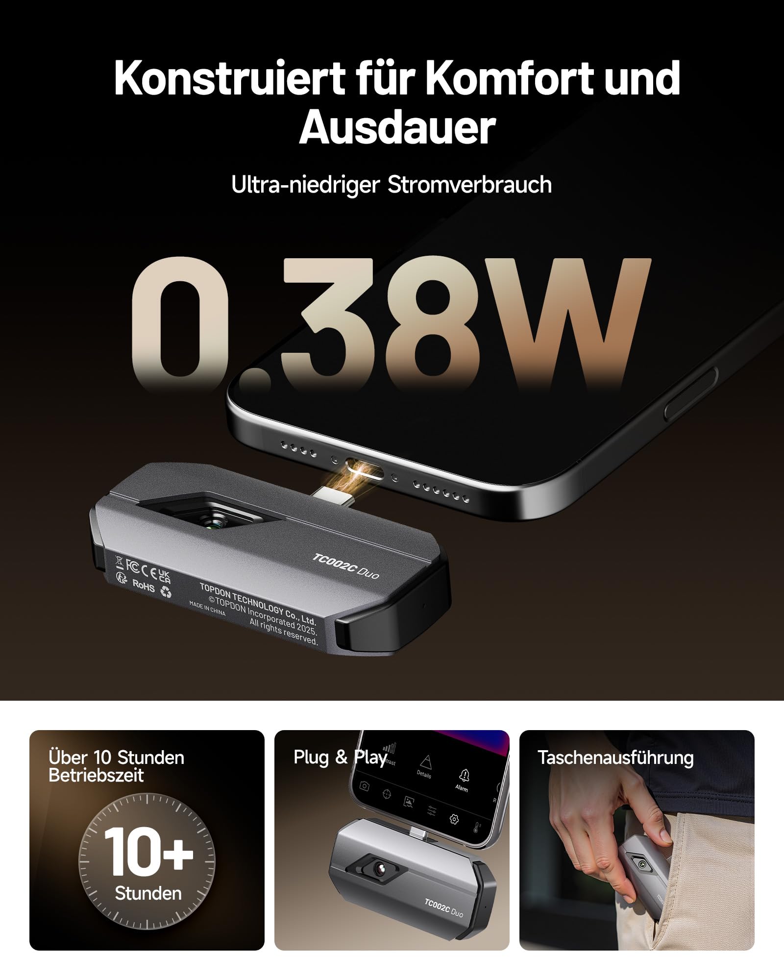 TOPDON TC002C Duo Wärmebildkamera für Android iPhone iOS, 512×384 TISR-Superauflösung Infrarot Kamera mit USB-C, 25Hz, 40mK, -20°C bis 550°C, zur Inspektion von Gebäuden, Fahrzeugen, Leckagen, HLK
