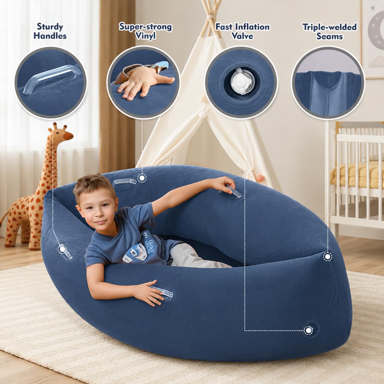 Silla sensorial inflable, 60 pulgadas, alivio sensorial para autismo para niños a partir de 3 años, tumbona portátil para leer, jugar y terapia, incluye bomba de aire eléctrica (azul)