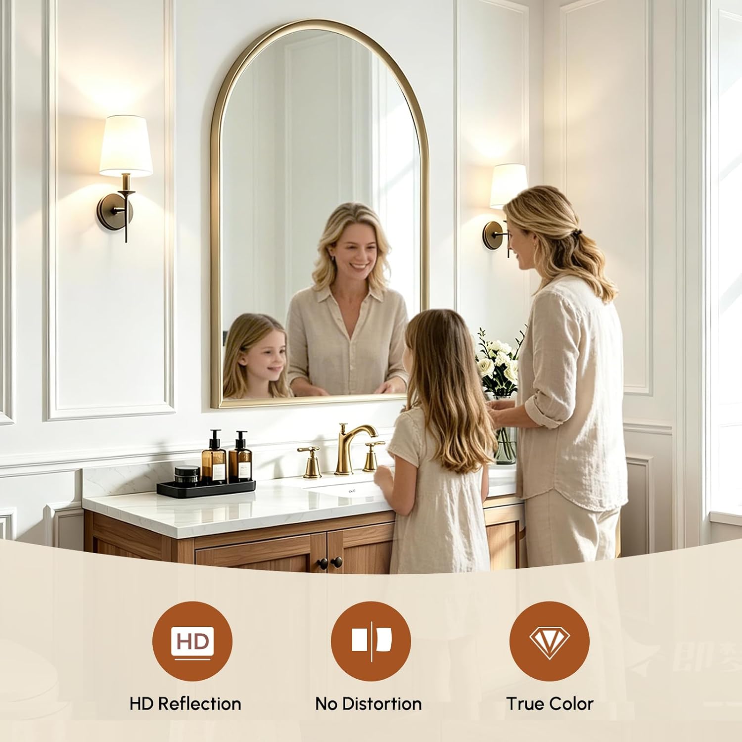 USHOWER Brushed Gold Arched Bathroom Mirror 24x36 Inch | Small Vanity Mirror, HD Tempered Glass, Rust-Proof Aluminum Frame, Inner-Curved Decor for Bedroom, Entryway Renovation