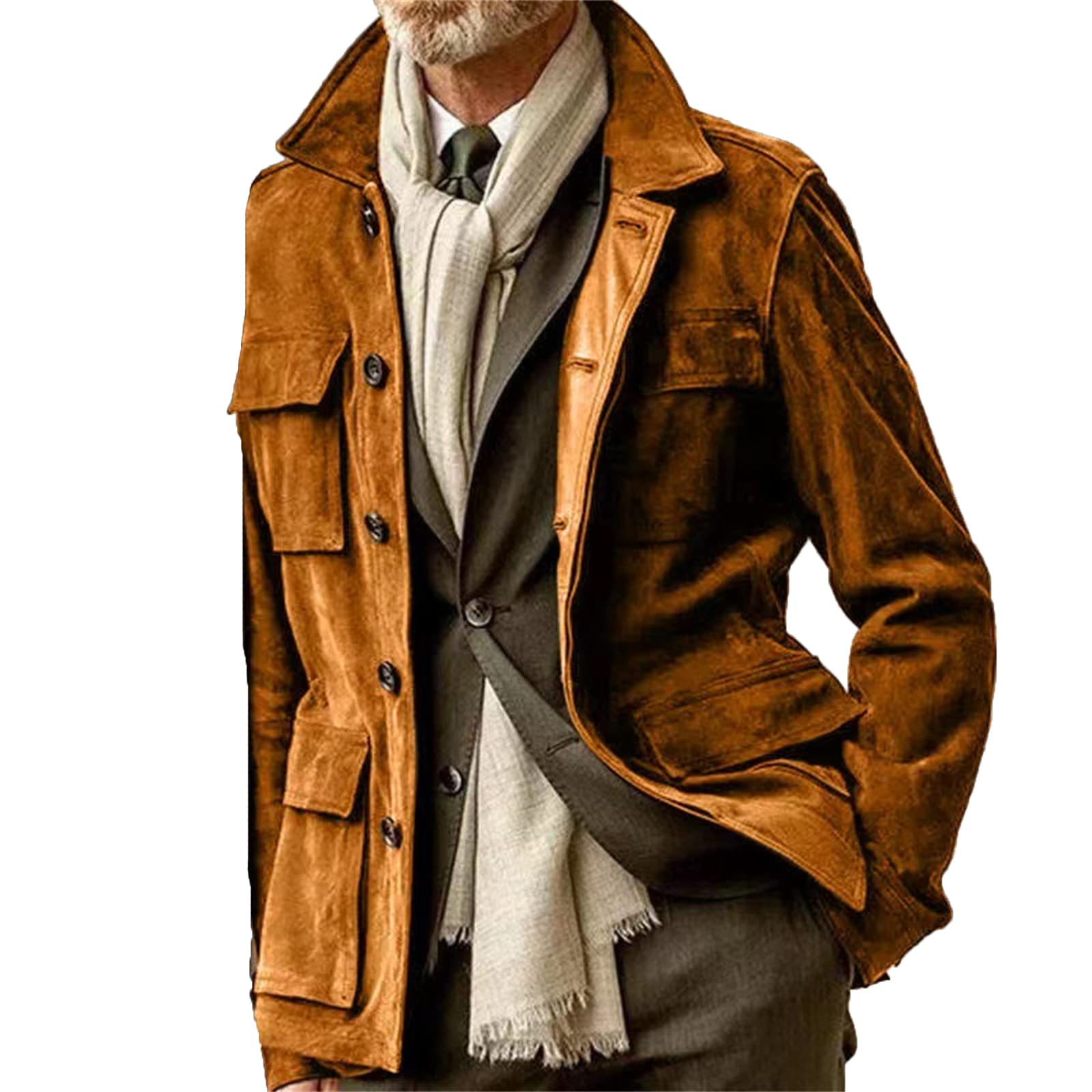 Cappotto Casual in Pelle Bovina Uomo Fashion Stand Collare Tinta Unita Multi Tasca Cappotto Top