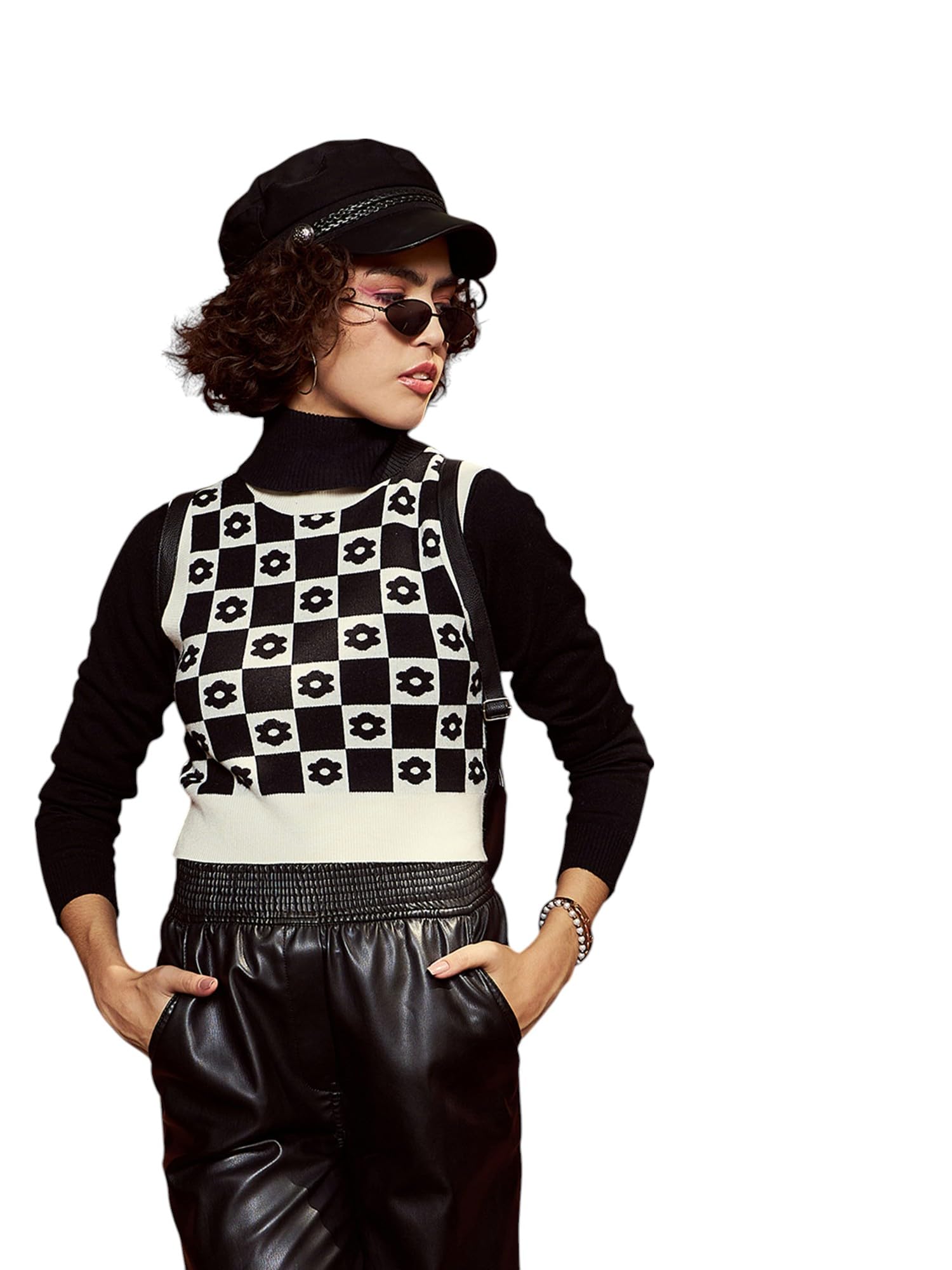 Women Floral Round Neck Sleeveless Sweater