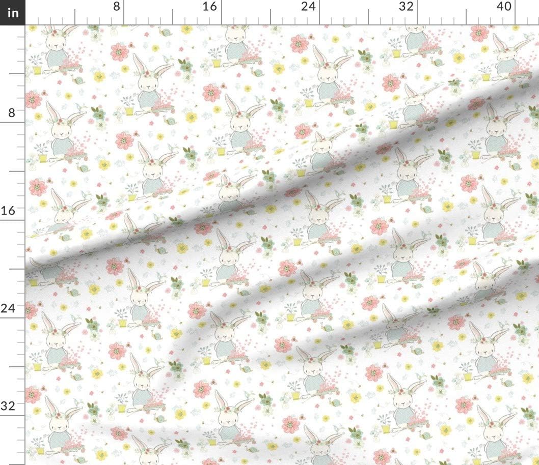 Spoonflower Fabric - Garden Bunny Pink Flowers Floral Girl Rabbit Spring Printed on Petal Signature Cotton Fabric Fat Quarter - Sewing Quilting Apparel Crafts Decor