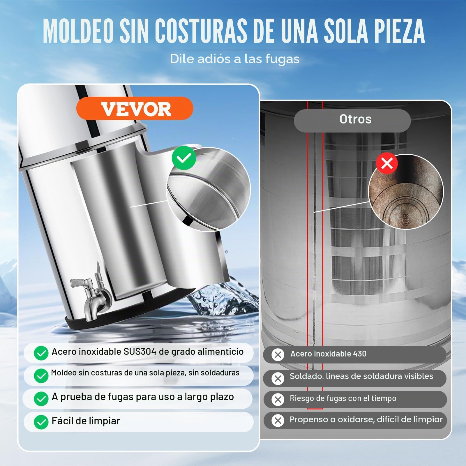 VEVOR Sistema de Filtración de Agua por Gravedad 8,5 L Acero Inoxidable 304 Filtro de Agua por Gravedad Reducción de Plomo y hasta 99% de Cloro con Filtros de Carbón y Cerámica, Grifo y Soporte