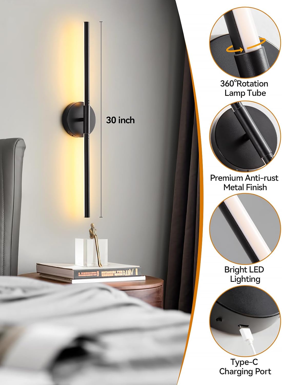 Battery Operated Wall Sconces Set of 2, Rechargeable LED Wall Lights with Remote & Touch Control, 350° Rotatable, 30 Inch Black Dimmable & Timer Modern Wireless Wall Lamps for Bedroom Living Room
