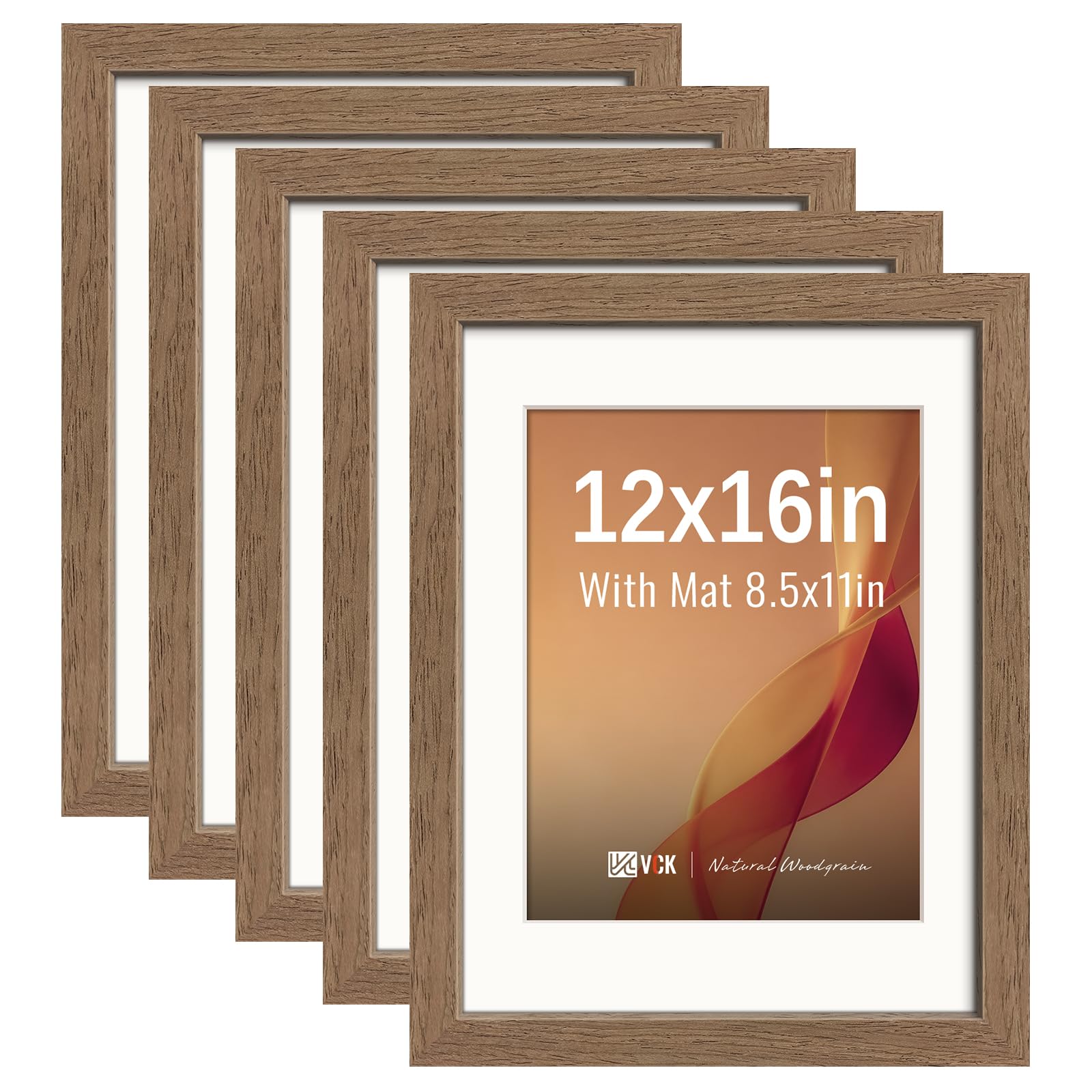 VCK 12x16 Picture Frame 5 Pack, Walnut Exclusive Wood, HD Glass, for Print