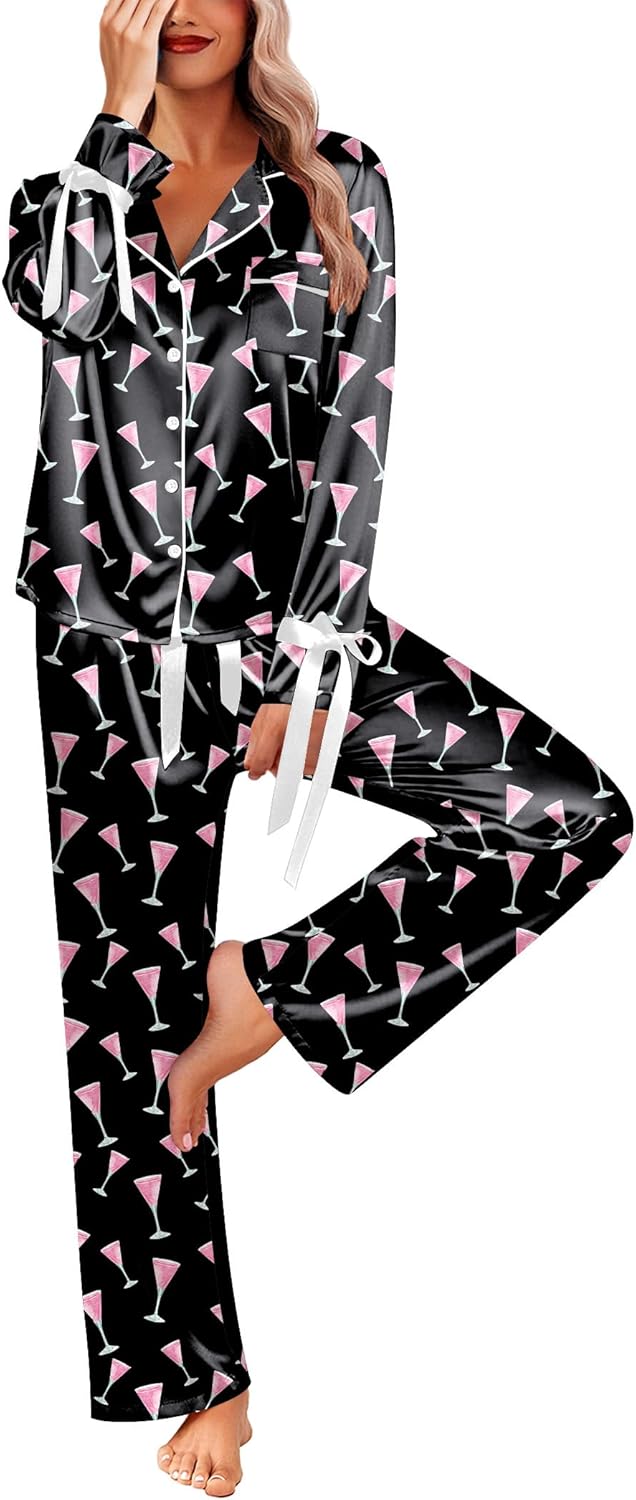Ekouaer Women Classic Button Down Long Satin Pajamas Set,Bow Tie Silky Cute Pjs Sets Fancy Loungewear