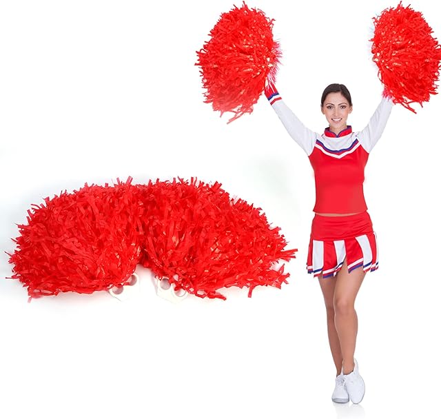 Dioche cheerleading pom poms for Kids, Cheerleader Cheering Squad Pompoms with Plastic Ring for Boy Girl School Sports Games Team, Kids Cheerleader Pompom Dance Party Accessories (Red)